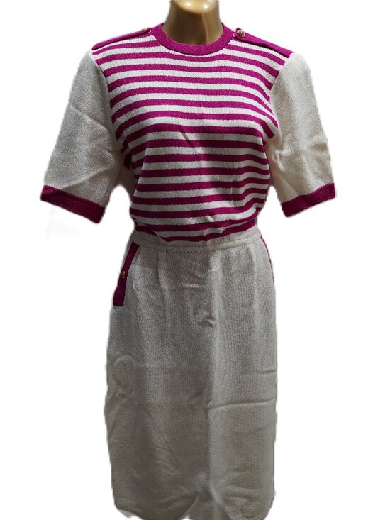 St. John Dresses & Skirts - 70s St. John Cream and Magenta Striped Dress size 10